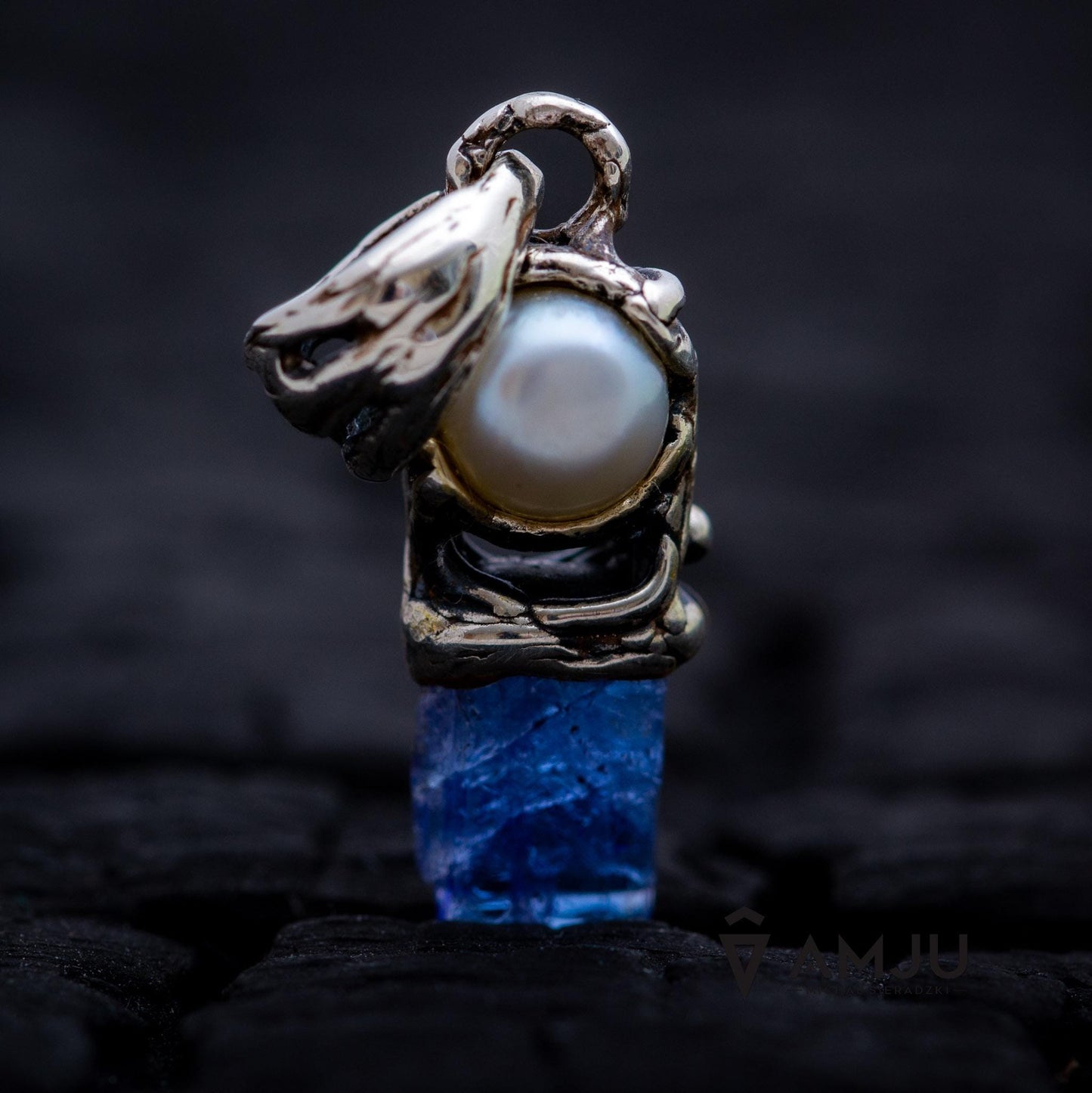 Raw Tanzanite crystal with freshwater pearl, pendant
