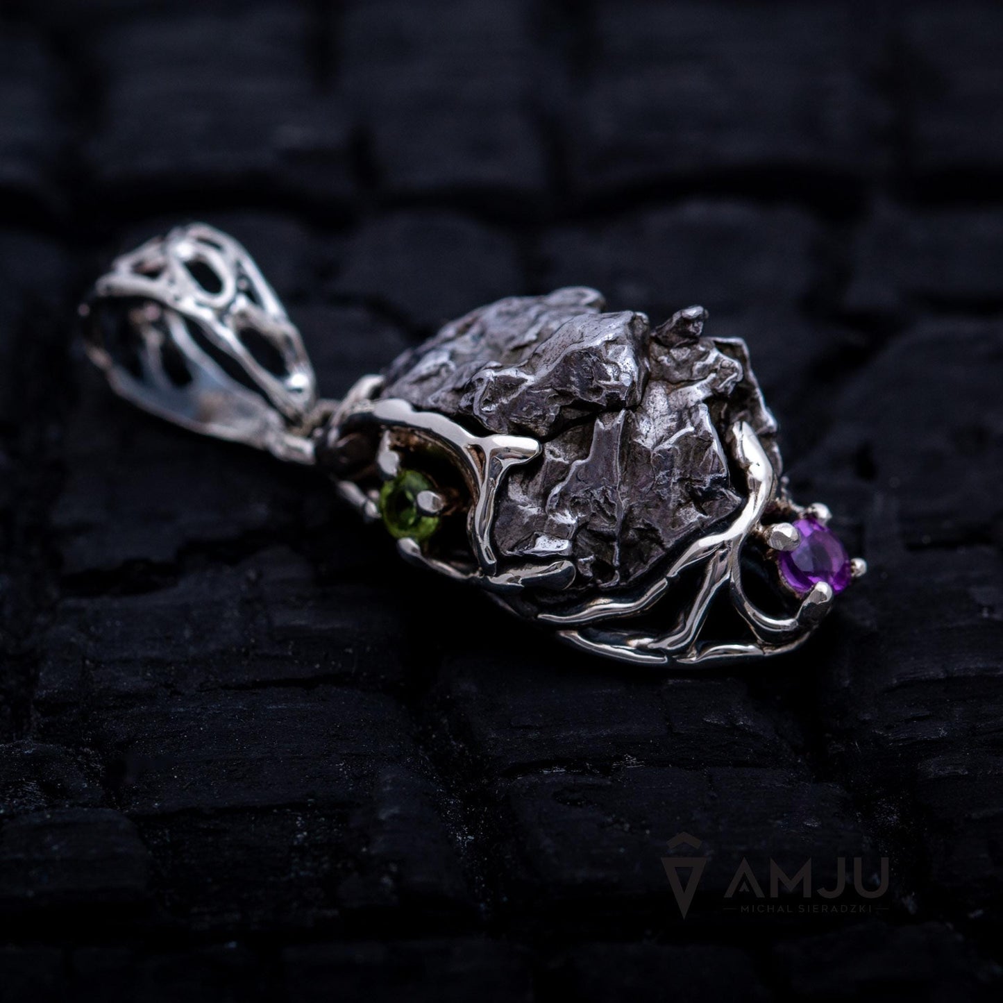 Campo del Cielo meteorite with peridot and amethyst, pendant