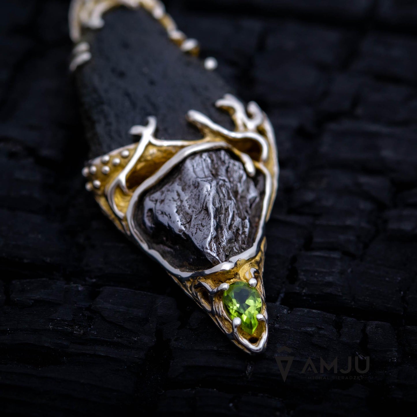 Moldavite, Campo del cielo meteorite with Herkimer Diamond and peridote, pendant