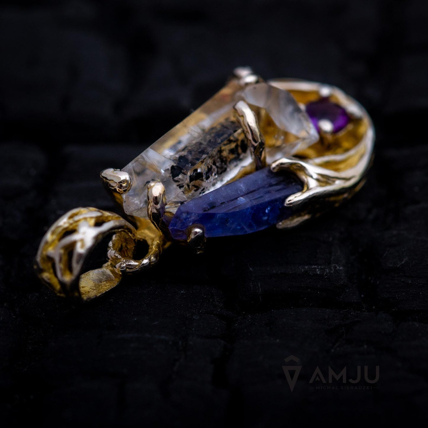 Tibetan Quartz with baby crystals, Tanzanite and Amethyste, pendant