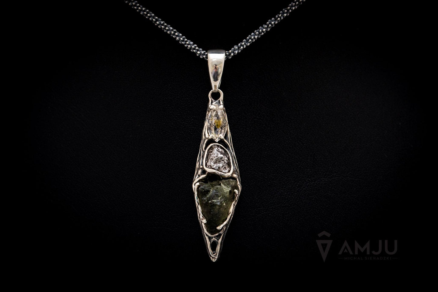 Moldavite, Campo del cielo meteorite with Herkimer Diamond, pendant