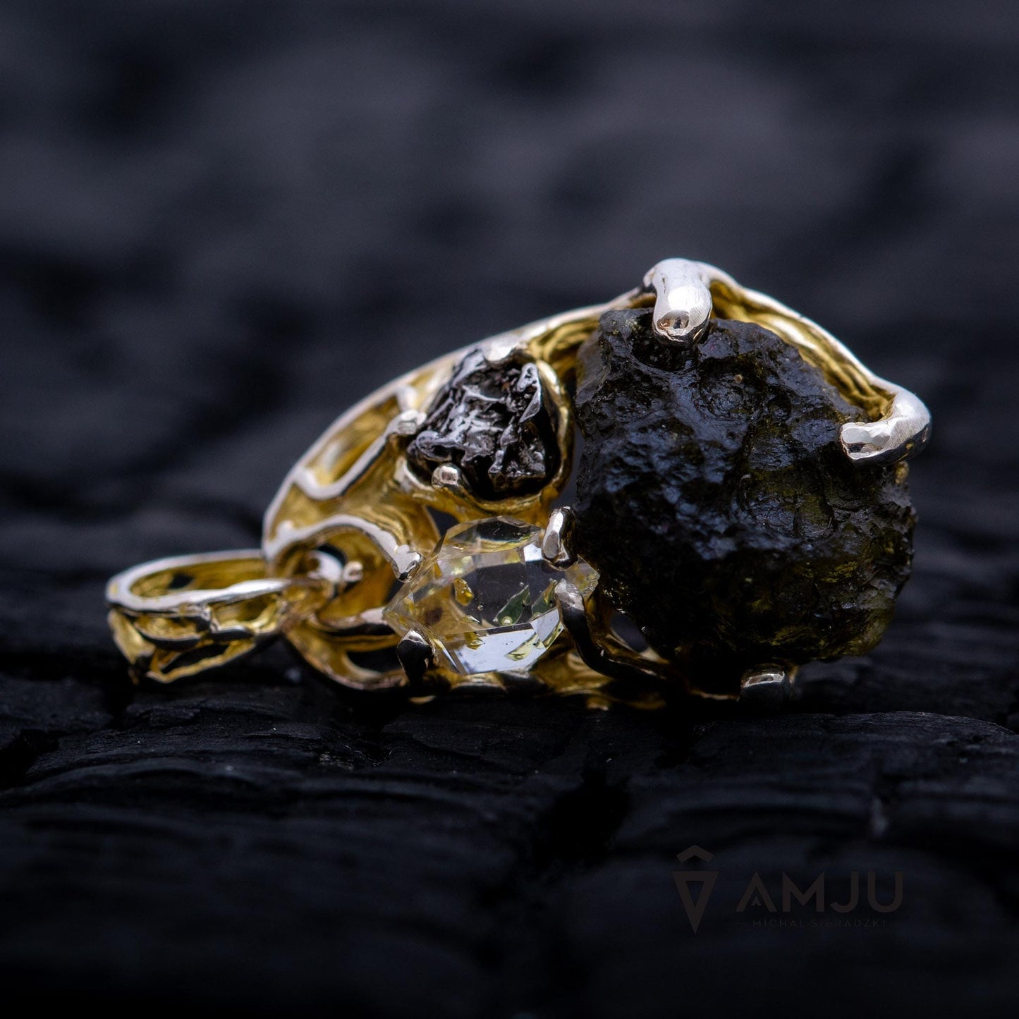 Moldavite, Campo del cielo meteorite with Herkimer Diamond, pendant