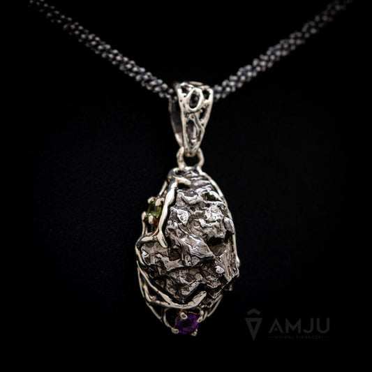 Campo del Cielo meteorite with peridot and amethyst, pendant