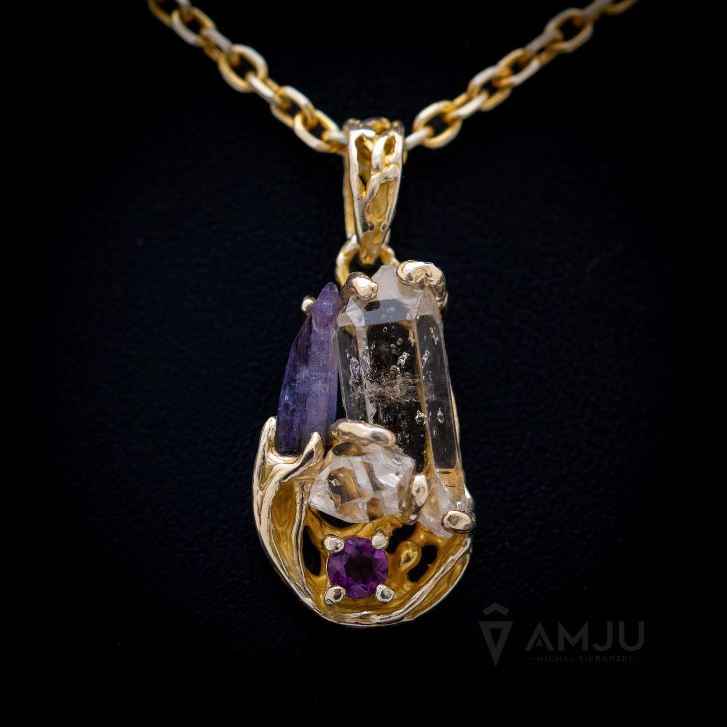 Tibetan Quartz with baby crystals, Tanzanite and Amethyste, pendant