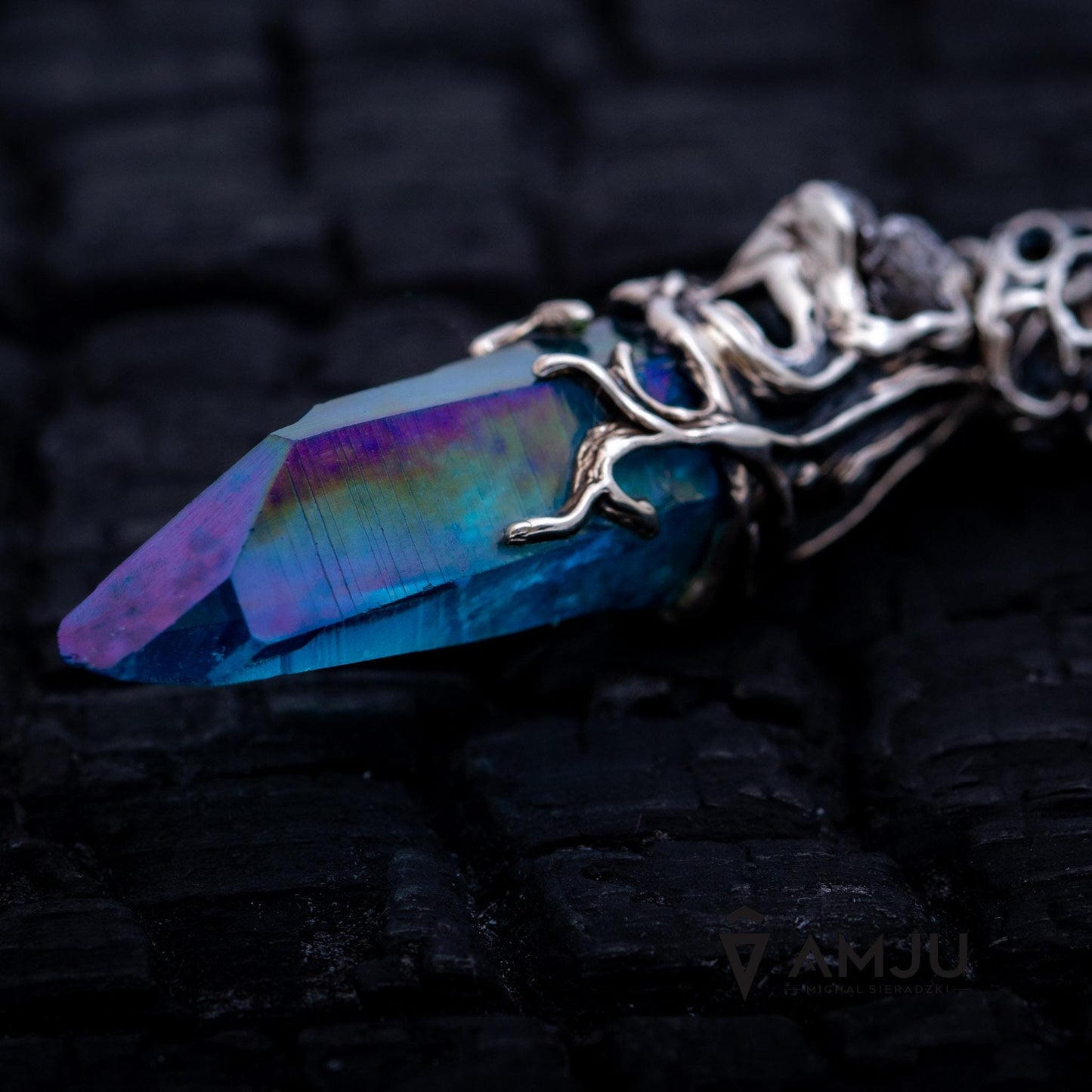 Aqua Aura Quartz Crystal and Campo del Cielo meteorite, pendant