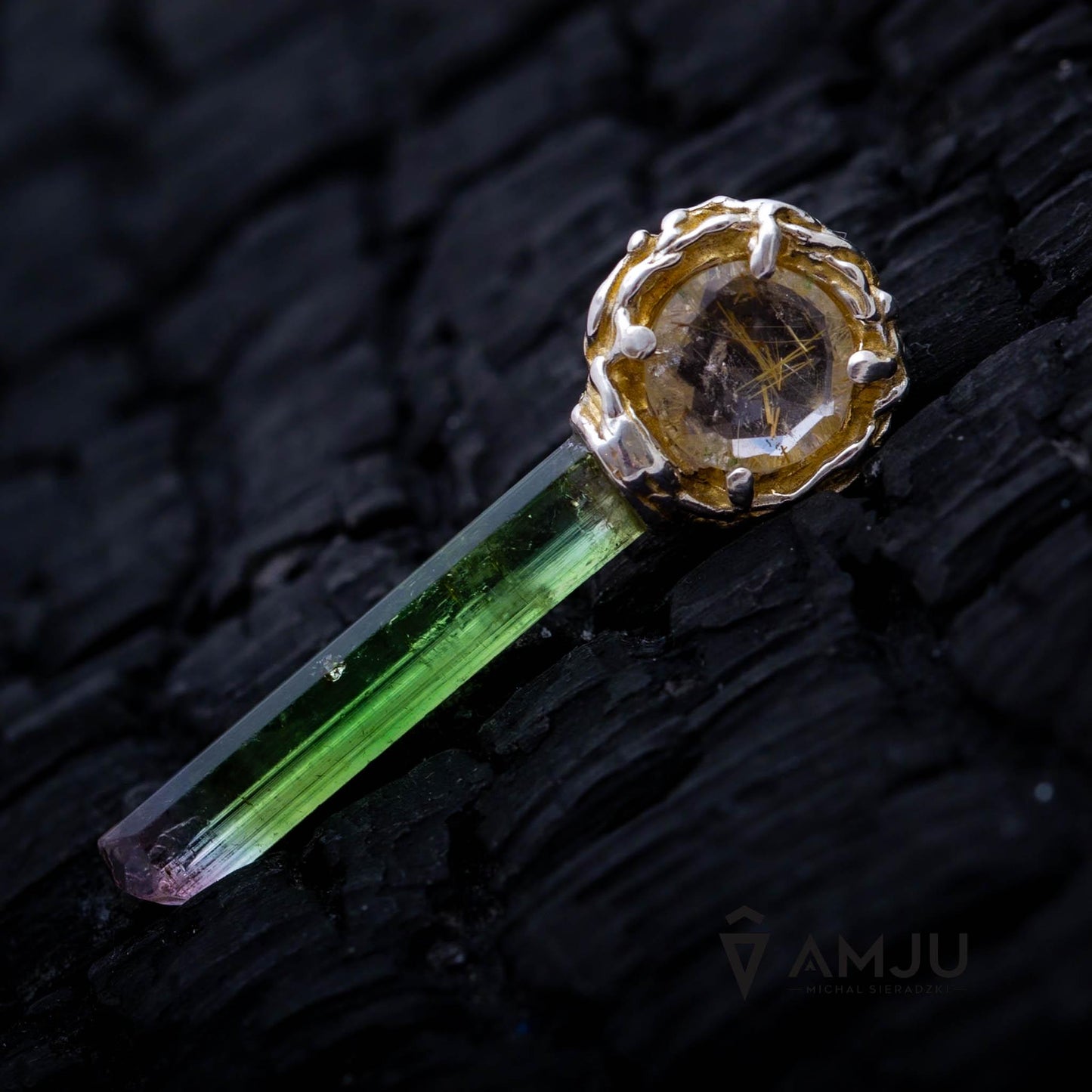 Bicolor watermelon paprok tourmaline with rutilated quartz, Lollipop pendant