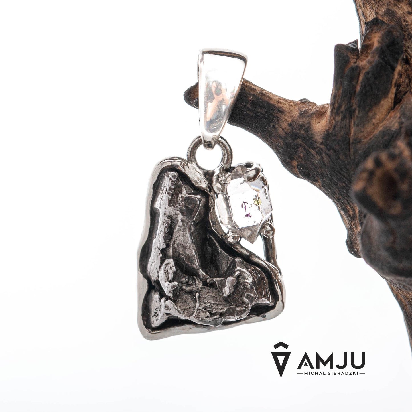 Moldavite, Campo del cielo meteorite with Herkimer Diamond, pendant