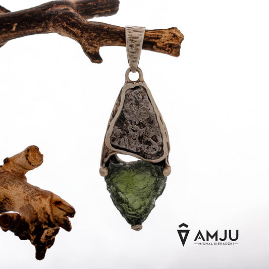 Moldavite with Campo del cielo meteorite, pendant