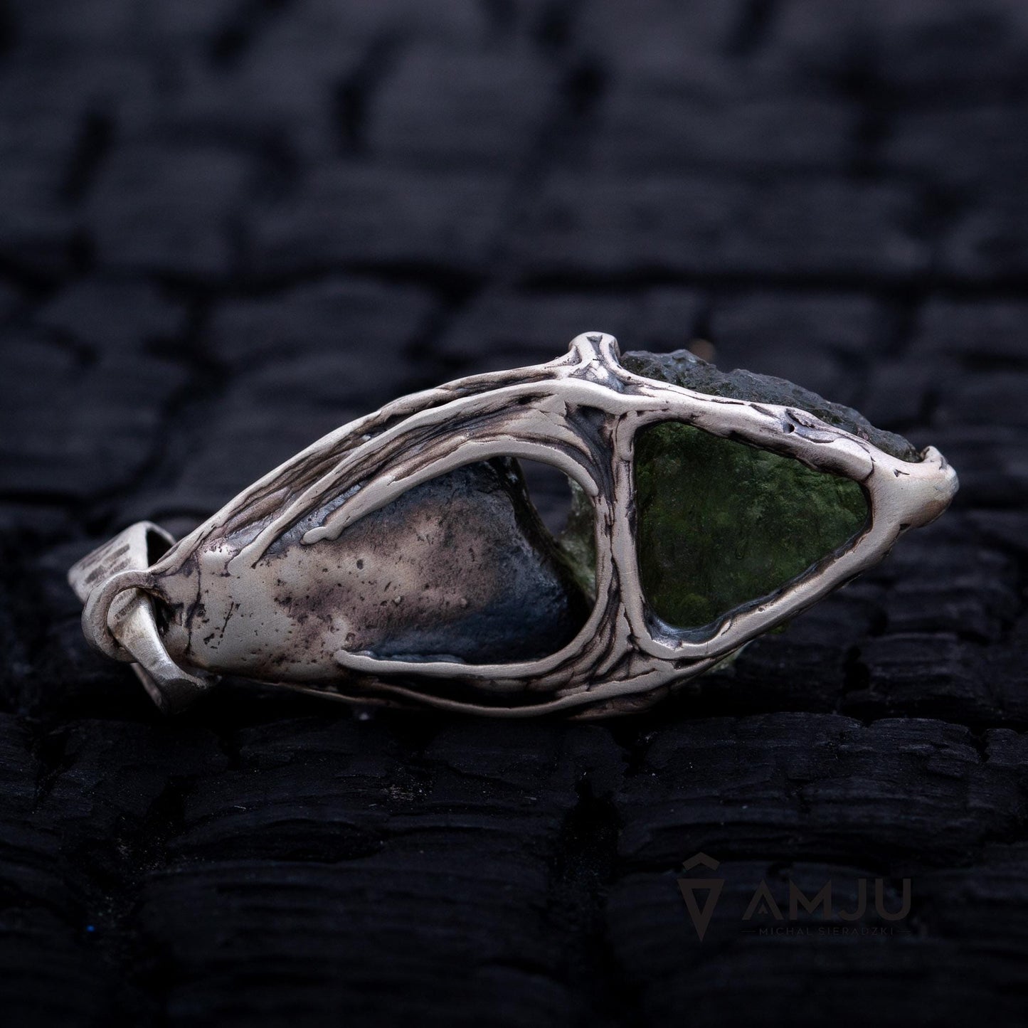 Moldavite with Campo del cielo meteorite, pendant