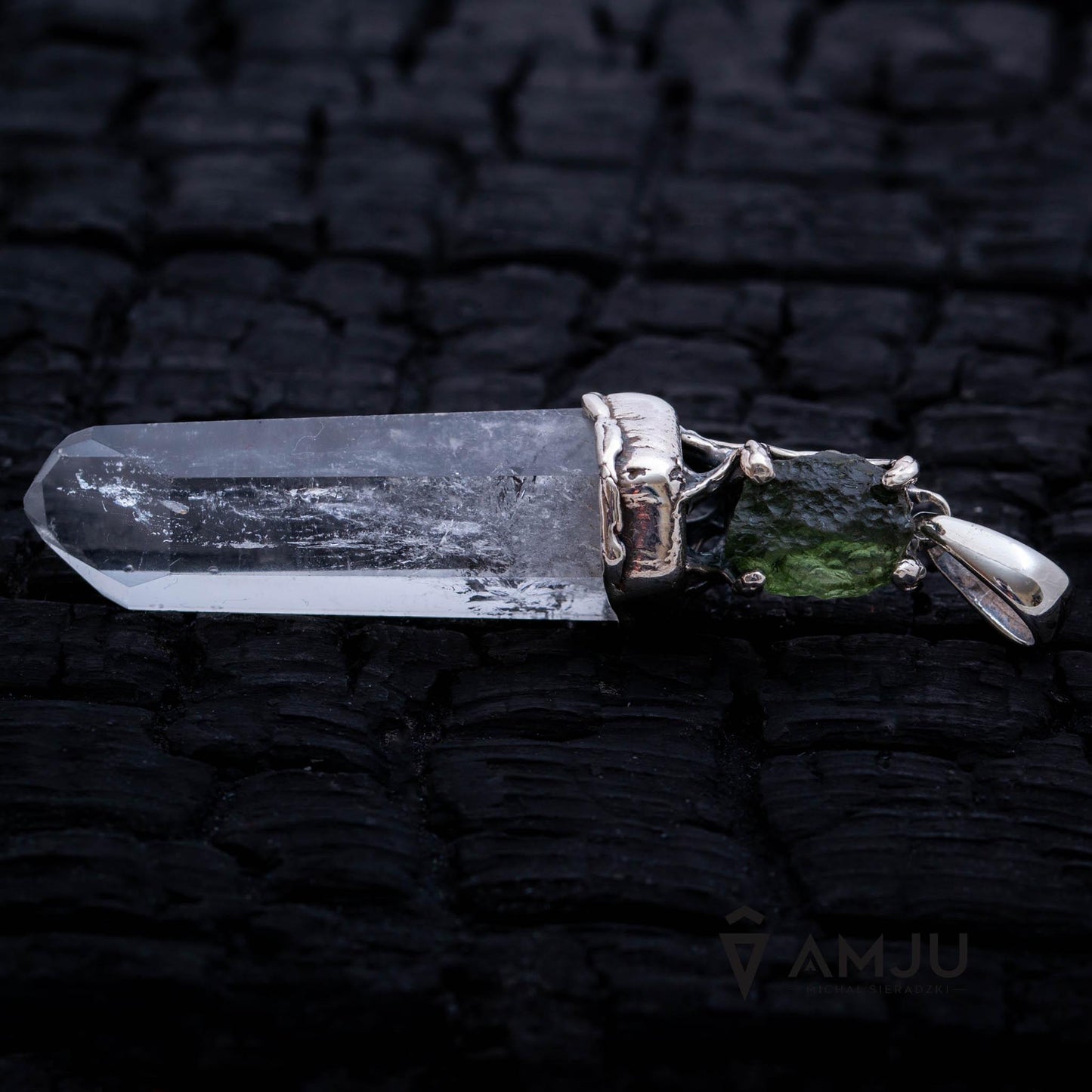 Moldavite and Quartz Crystal, pendant