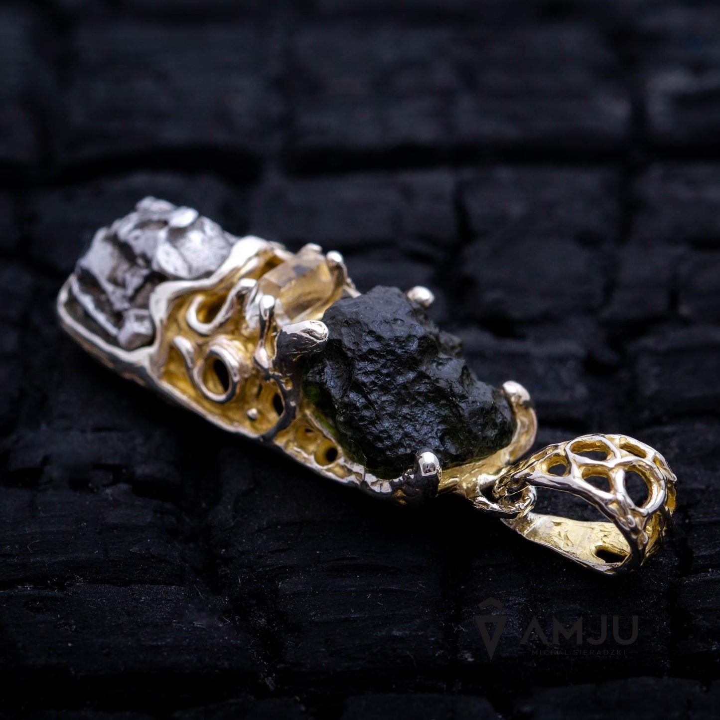 Moldavite, Campo del cielo meteorite with Herkimer Diamond, pendant