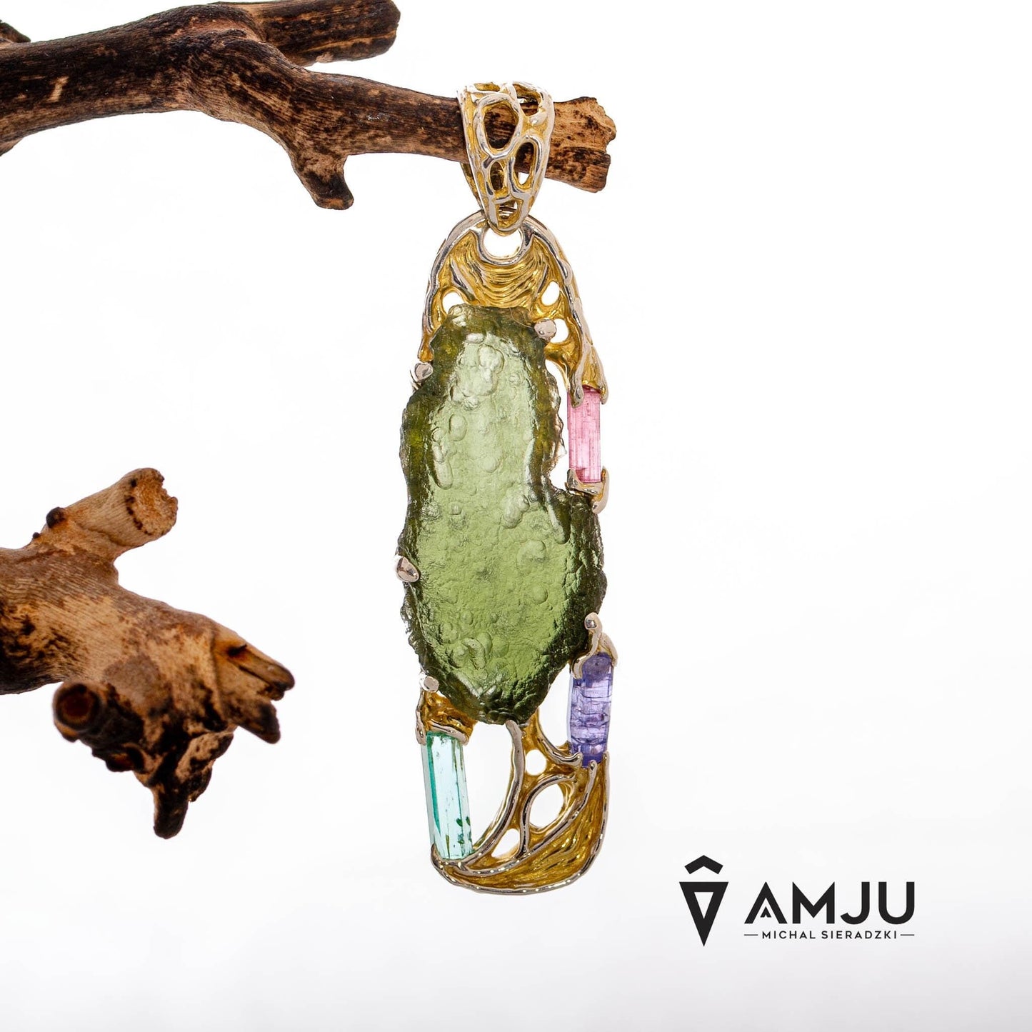 Moldavite with raw crystals of Pink Tourmaline, Green Beryl and Tanzanite, pendant