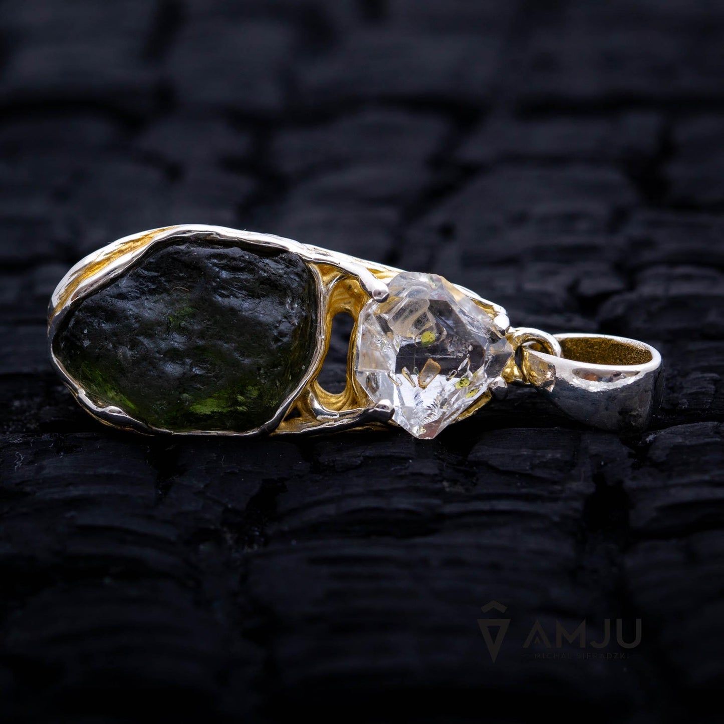 Moldavite with Herkimer Diamond, pendant