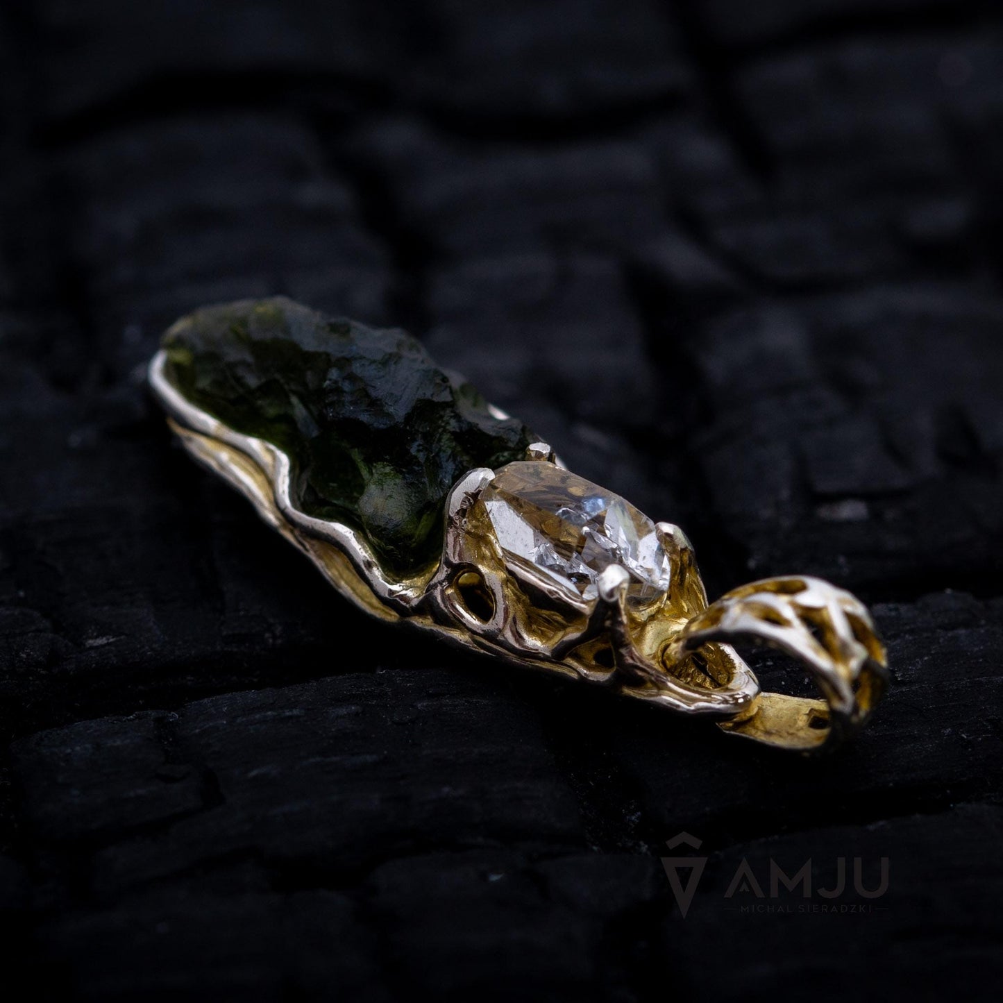 Moldavite with Herkimer Diamond, pendant