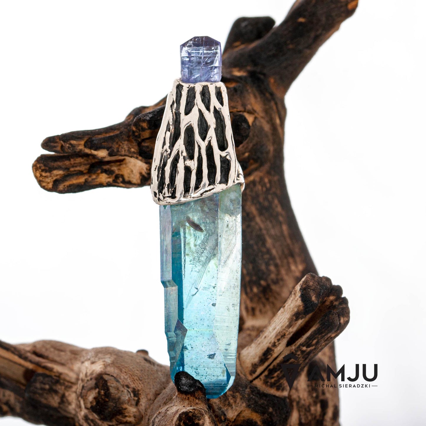 Aqua Aura Quartz Crystal and Tanzanite raw crystal, pendant