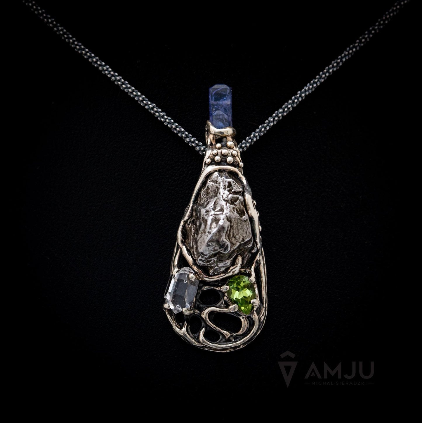 Moldavite, Campo del cielo meteorite with Herkimer Diamond, Peridot and Tanzanite, pendant