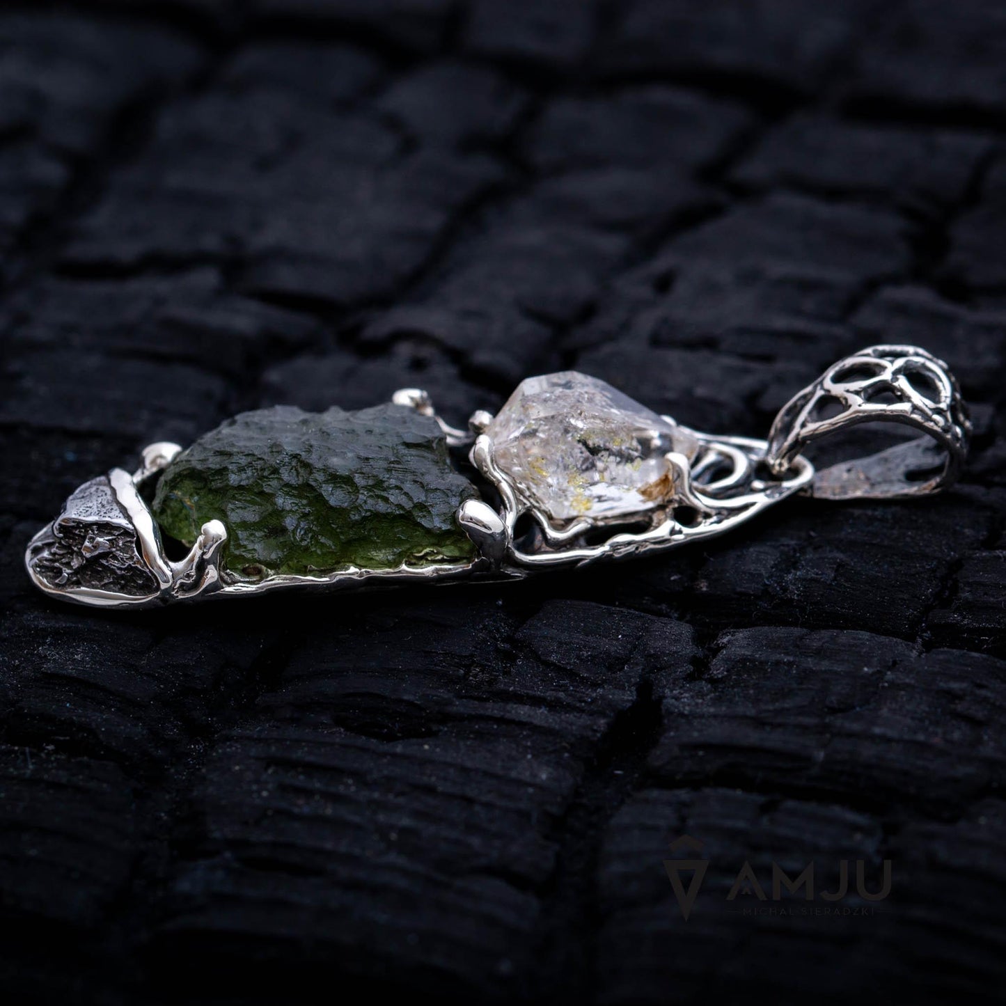 Moldavite, Campo del cielo meteorite with Herkimer Diamond, pendant