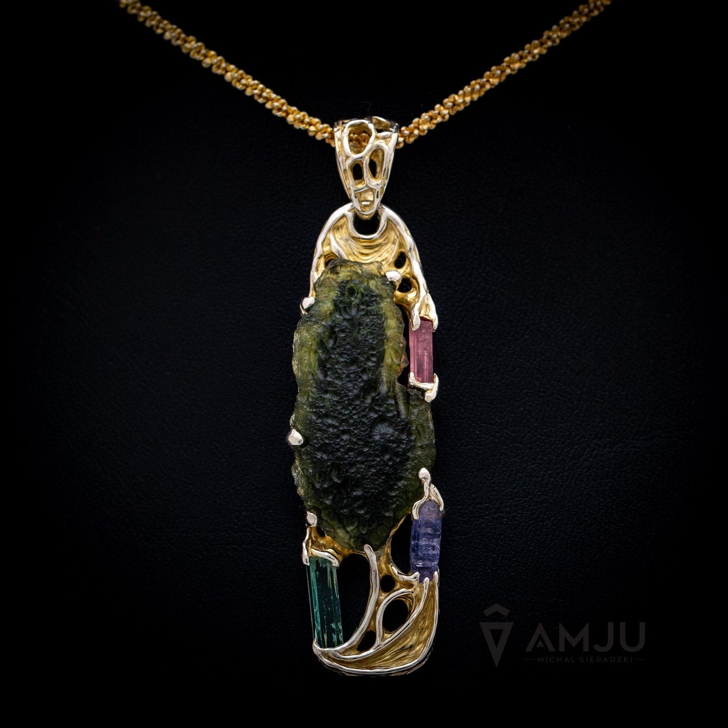 Moldavite with raw crystals of Pink Tourmaline, Green Beryl and Tanzanite, pendant