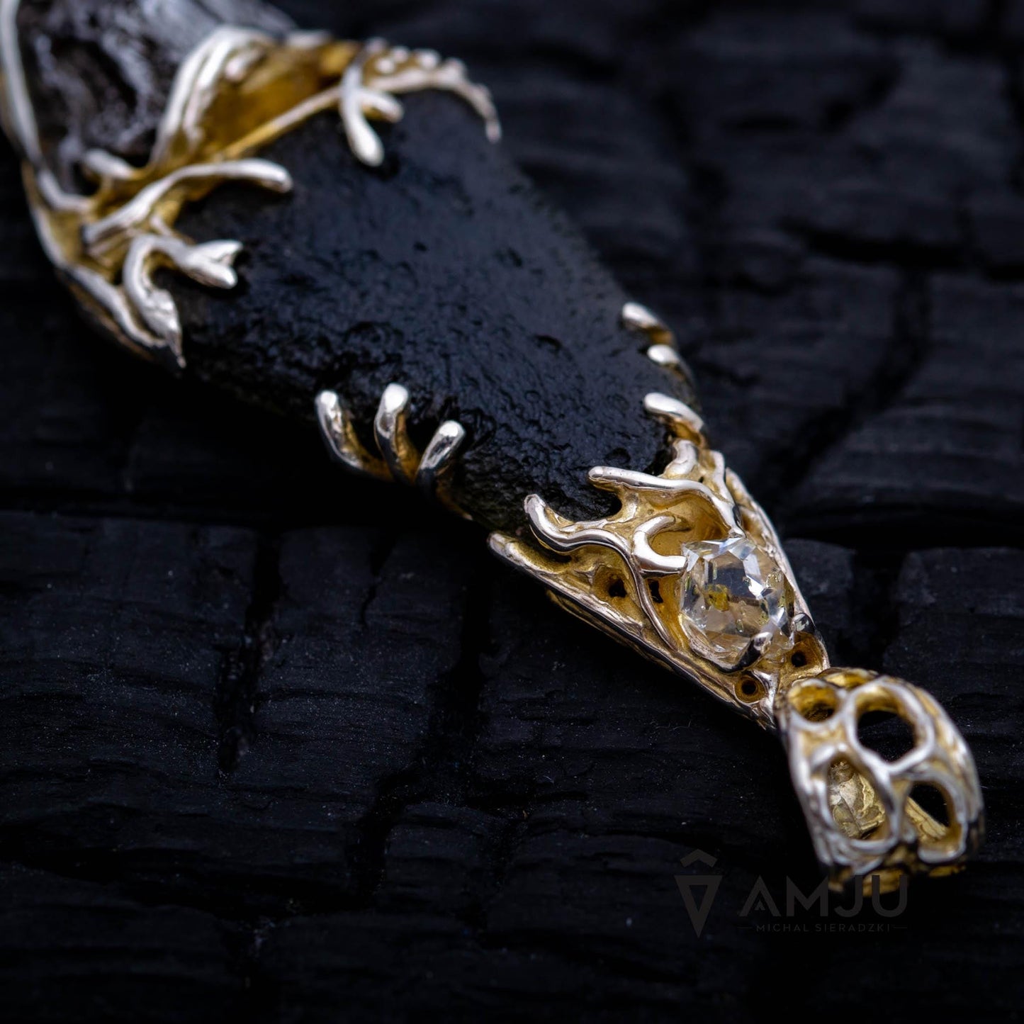 Moldavite, Campo del cielo meteorite with Herkimer Diamond and peridote, pendant