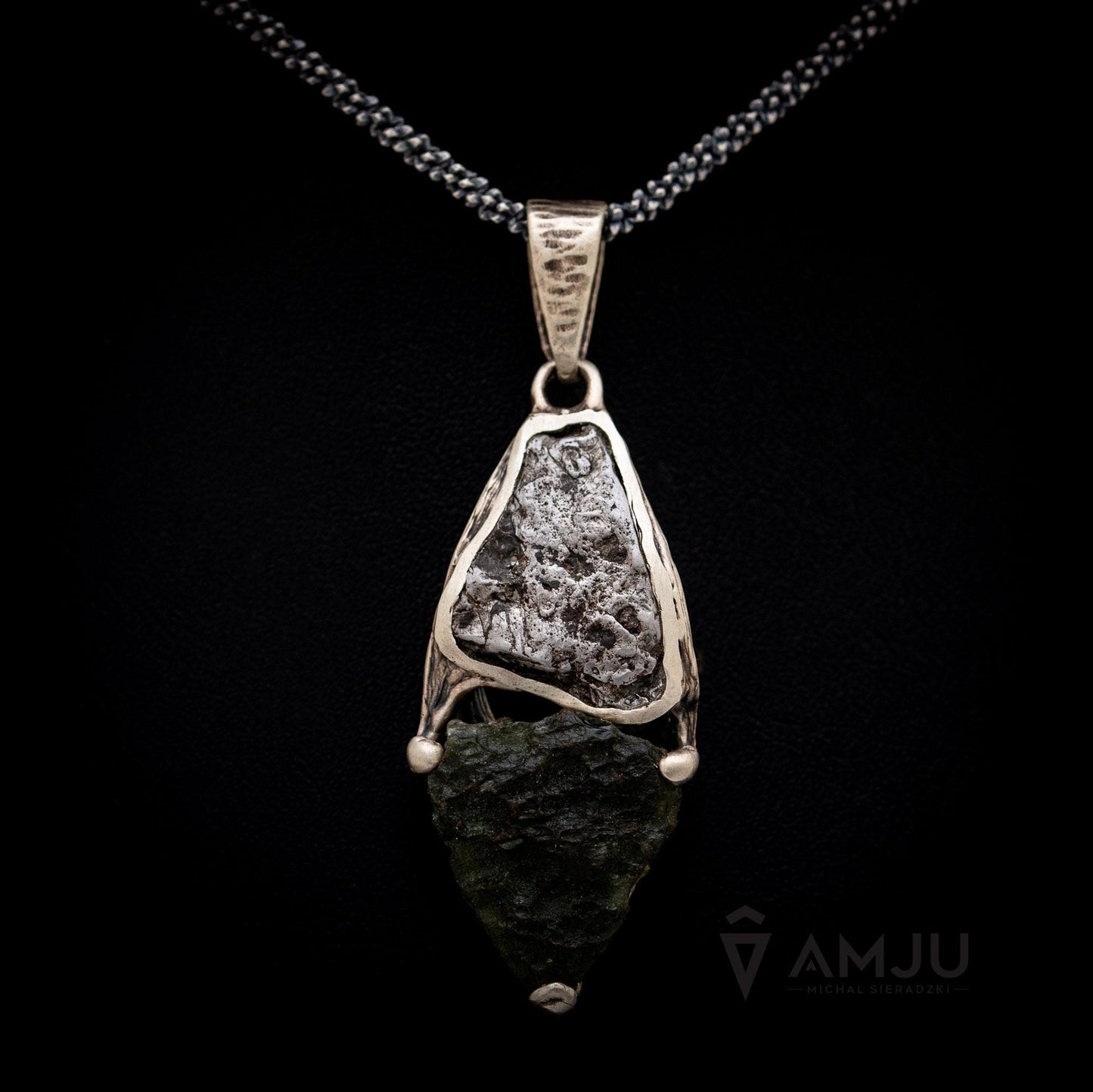 Moldavite with Campo del cielo meteorite, pendant