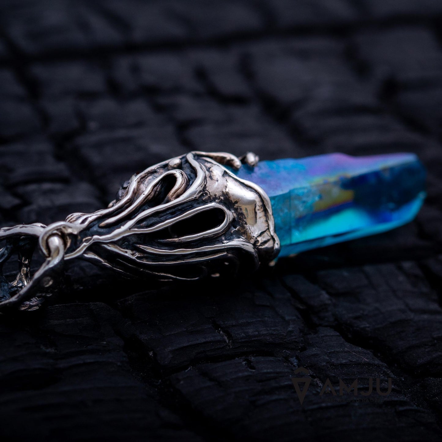 Aqua Aura Quartz Crystal and Campo del Cielo meteorite, pendant
