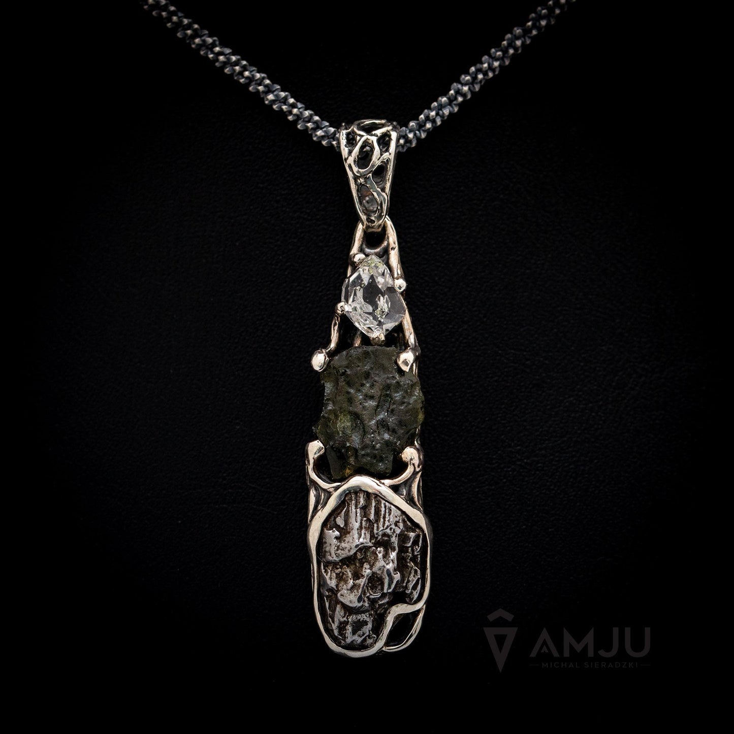 Moldavite, Campo del cielo meteorite with Herkimer Diamond, pendant