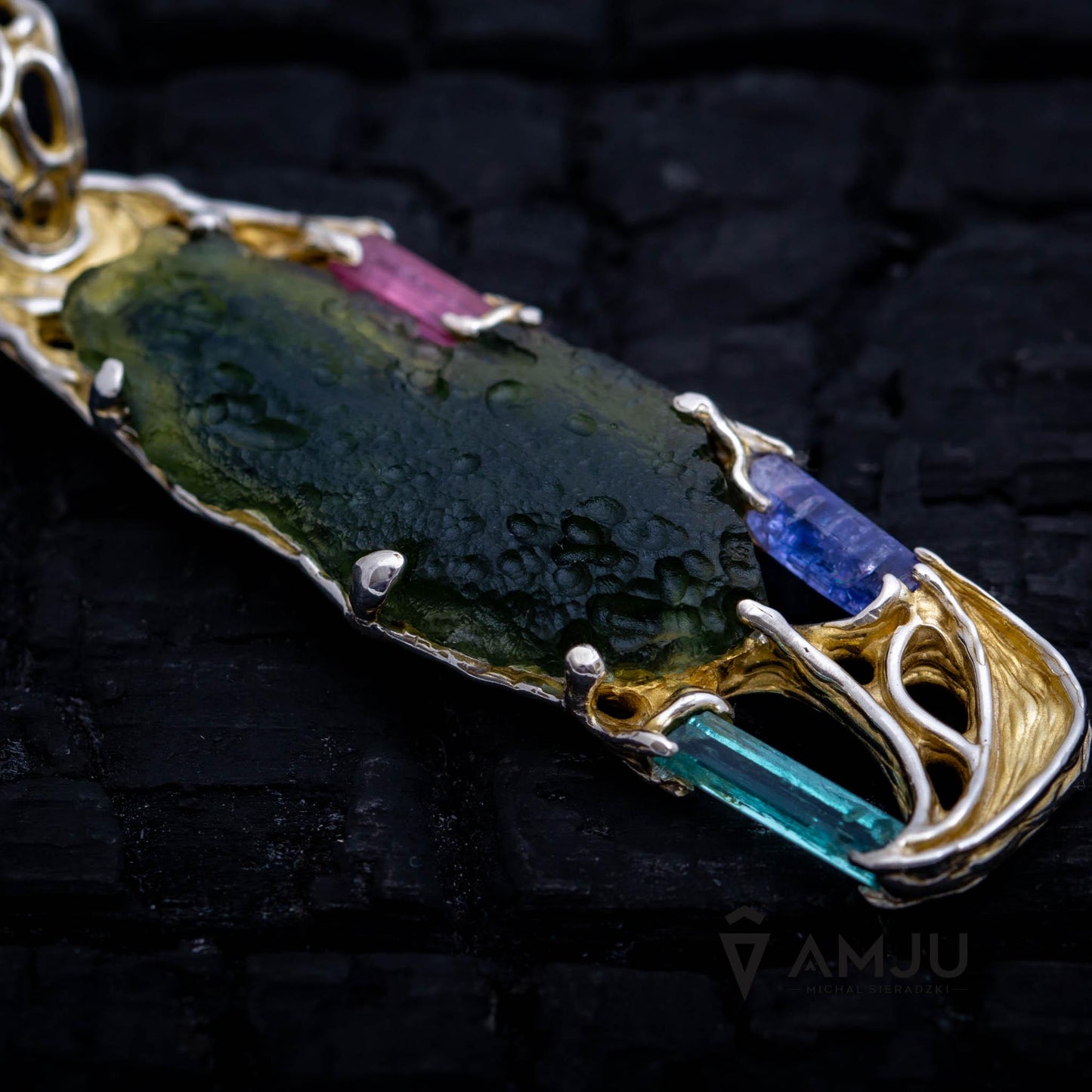 Moldavite with raw crystals of Pink Tourmaline, Green Beryl and Tanzanite, pendant