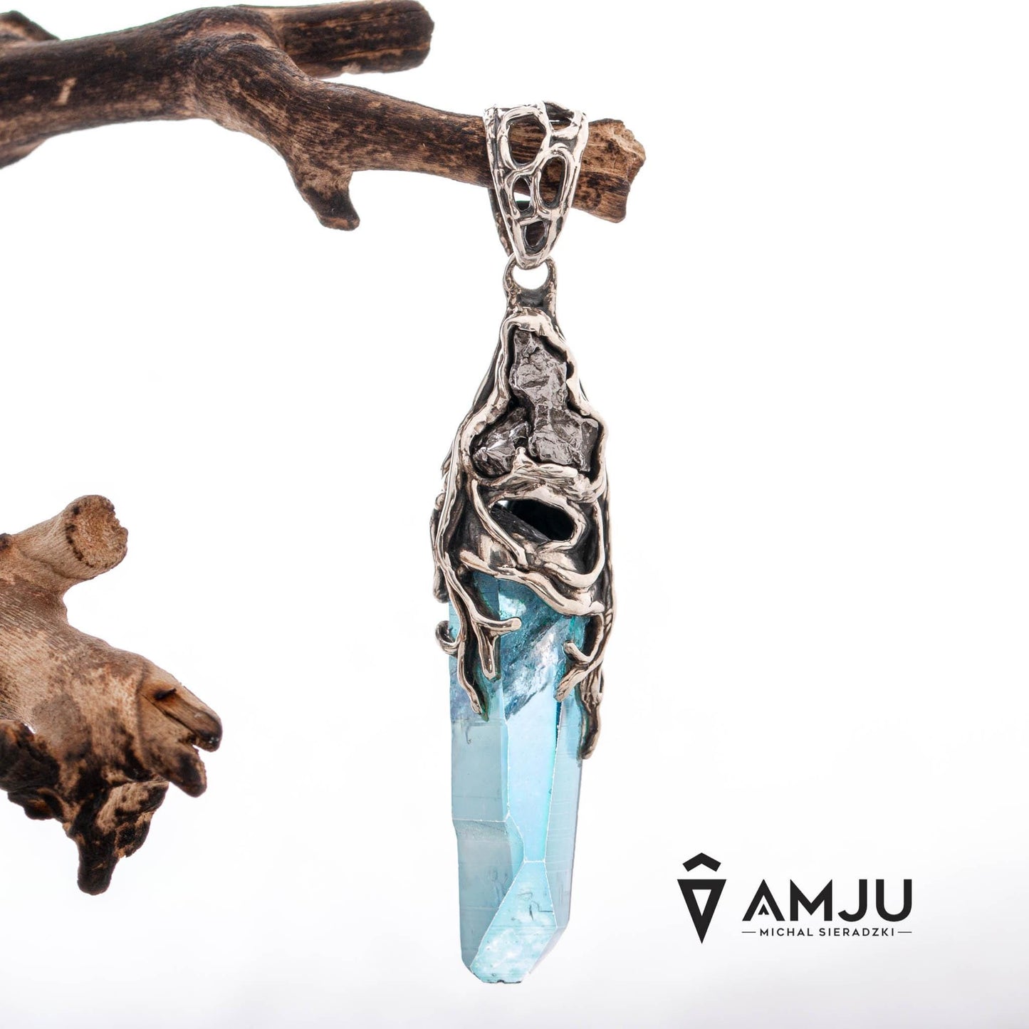 Aqua Aura Quartz Crystal and Campo del Cielo meteorite, pendant