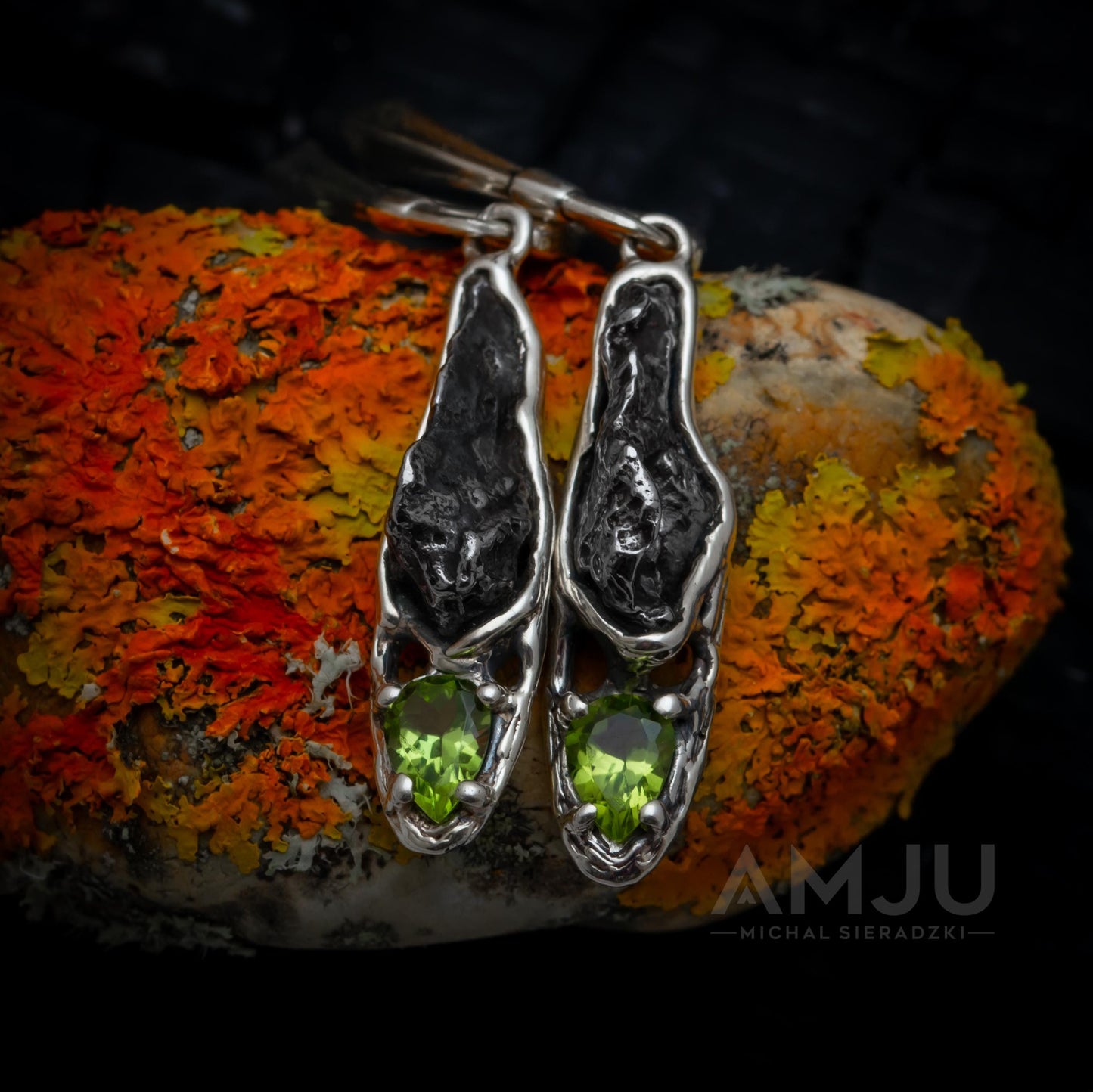 Sikhote Alin meteorite with peridots, Dangle earrings