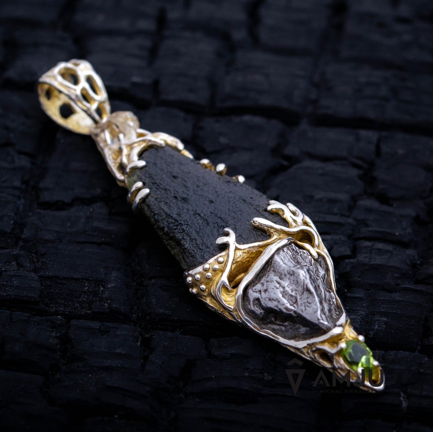 Moldavite, Campo del cielo meteorite with Herkimer Diamond and peridote, pendant