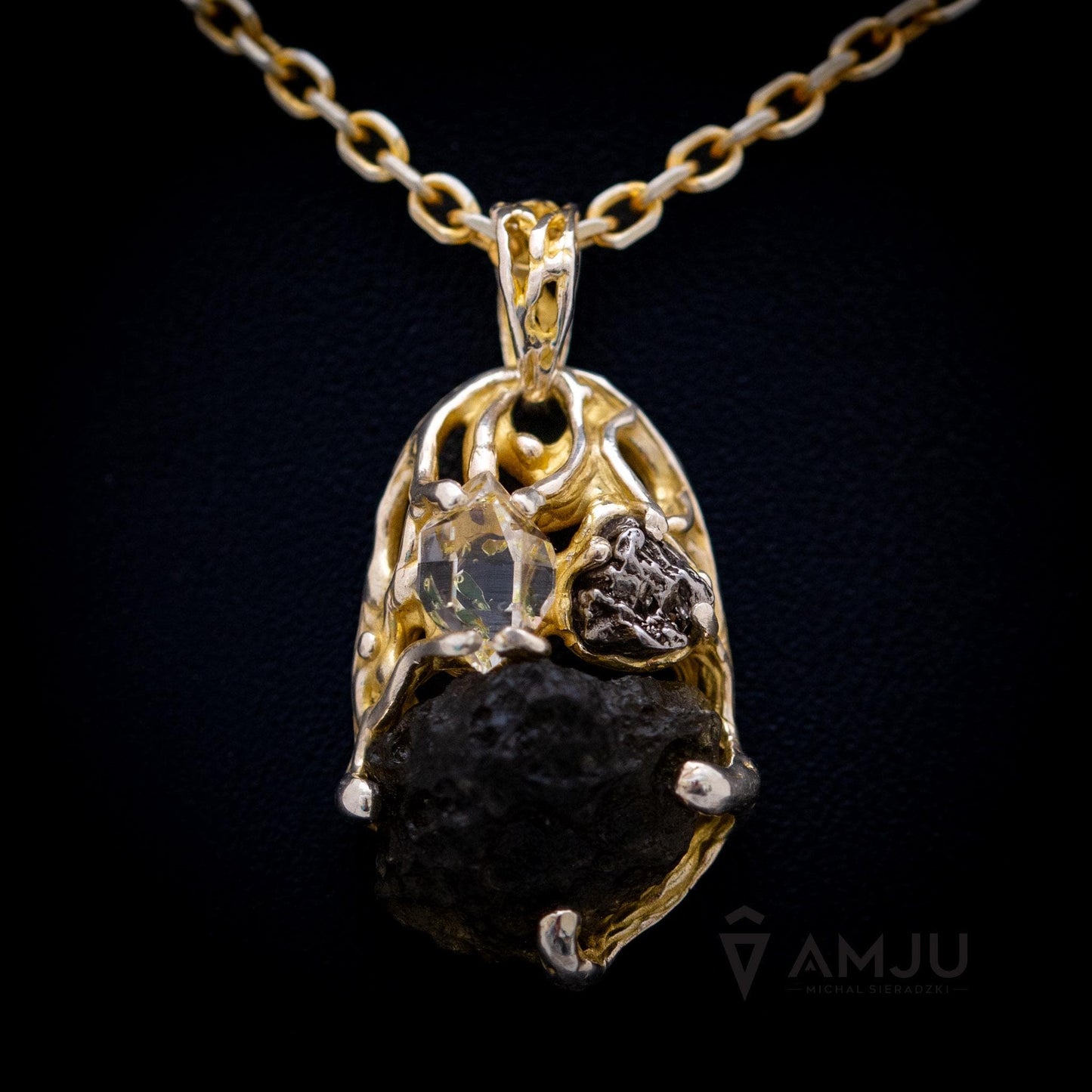 Moldavite, Campo del cielo meteorite with Herkimer Diamond, pendant