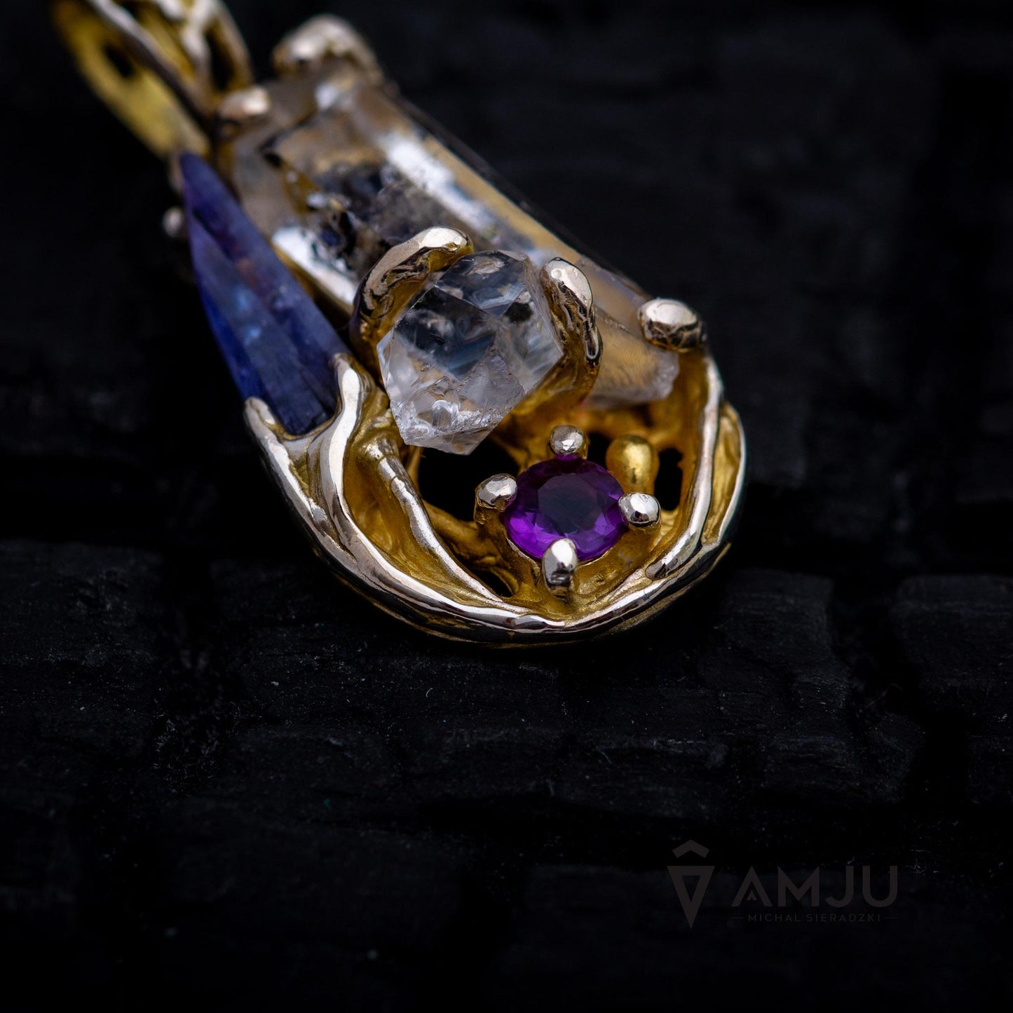 Tibetan Quartz with baby crystals, Tanzanite and Amethyste, pendant