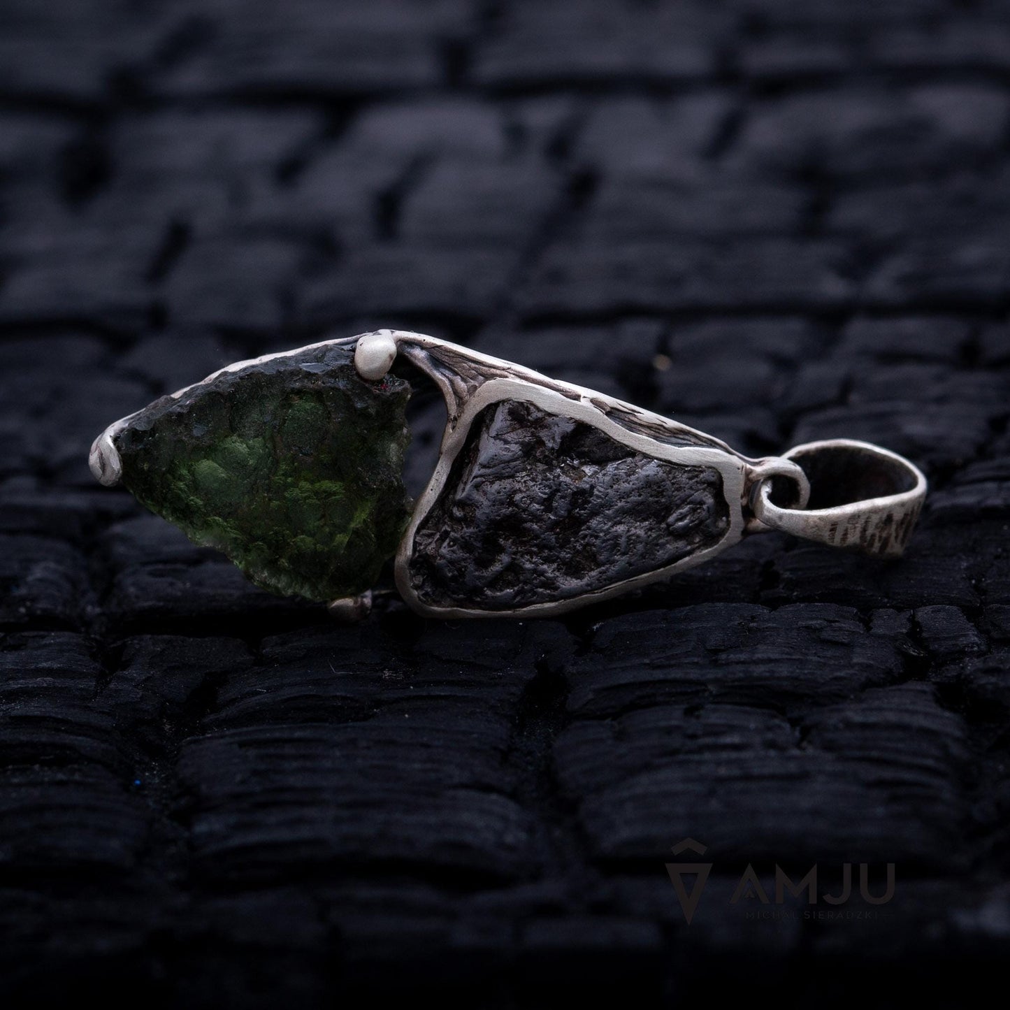 Moldavite with Campo del cielo meteorite, pendant