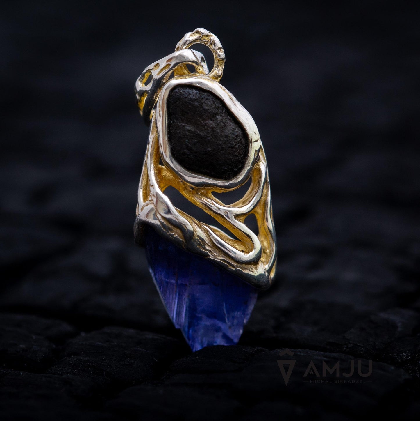 Raw Tanzanite crystal with Chelyabinsk Meteorite, pendant