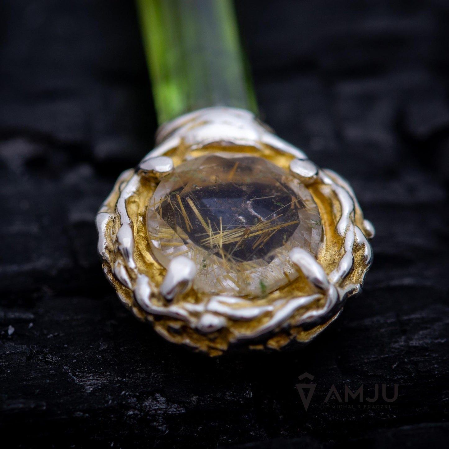 Bicolor watermelon paprok tourmaline with rutilated quartz, Lollipop pendant