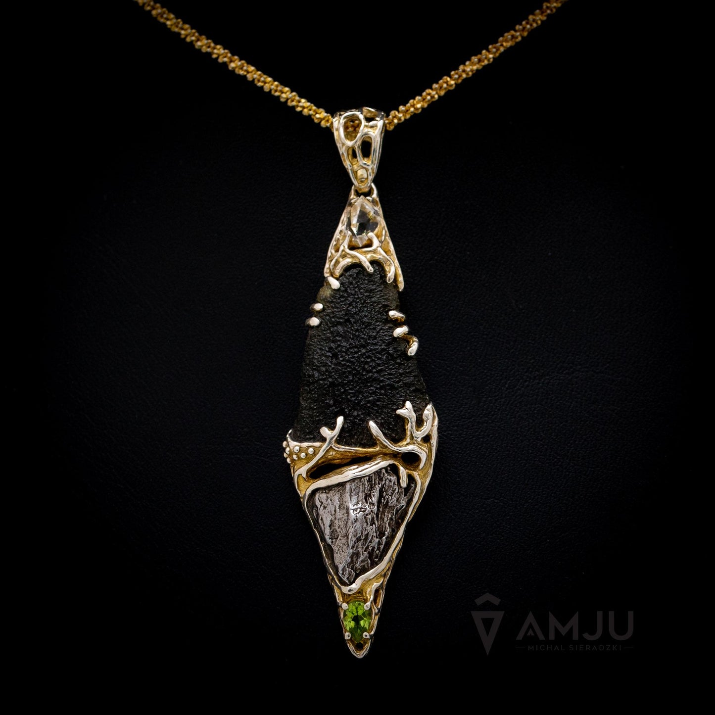 Moldavite, Campo del cielo meteorite with Herkimer Diamond and peridote, pendant