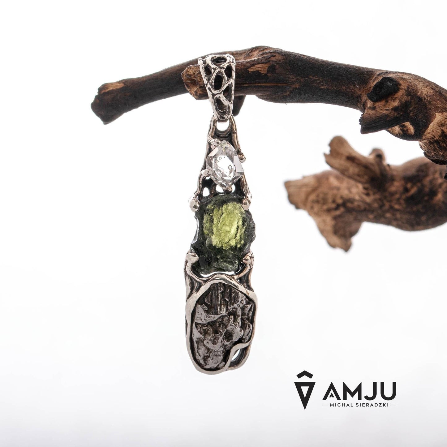 Moldavite, Campo del cielo meteorite with Herkimer Diamond, pendant