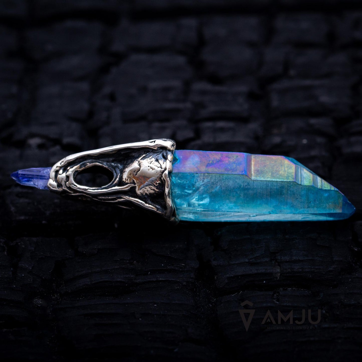 Aqua Aura Quartz Crystal and Tanzanite raw crystal, pendant