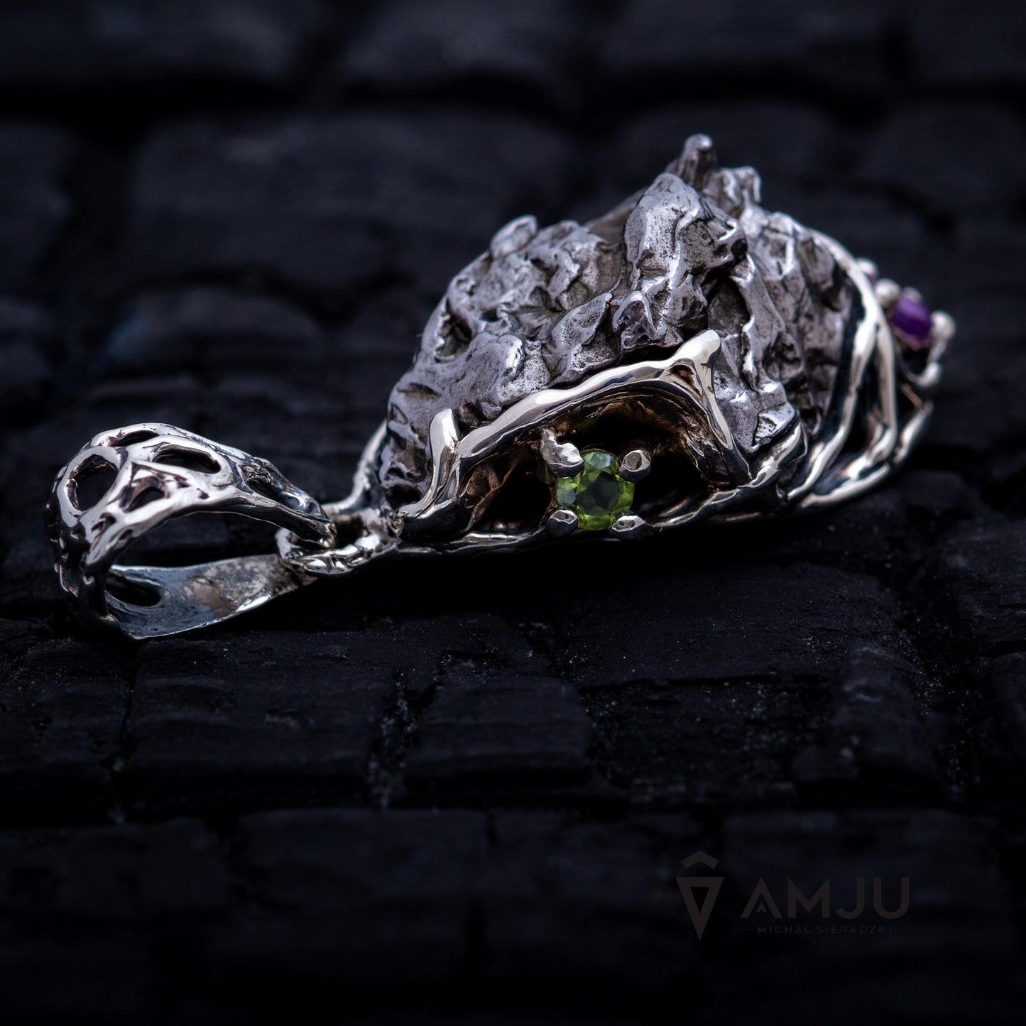Campo del Cielo meteorite with peridot and amethyst, pendant