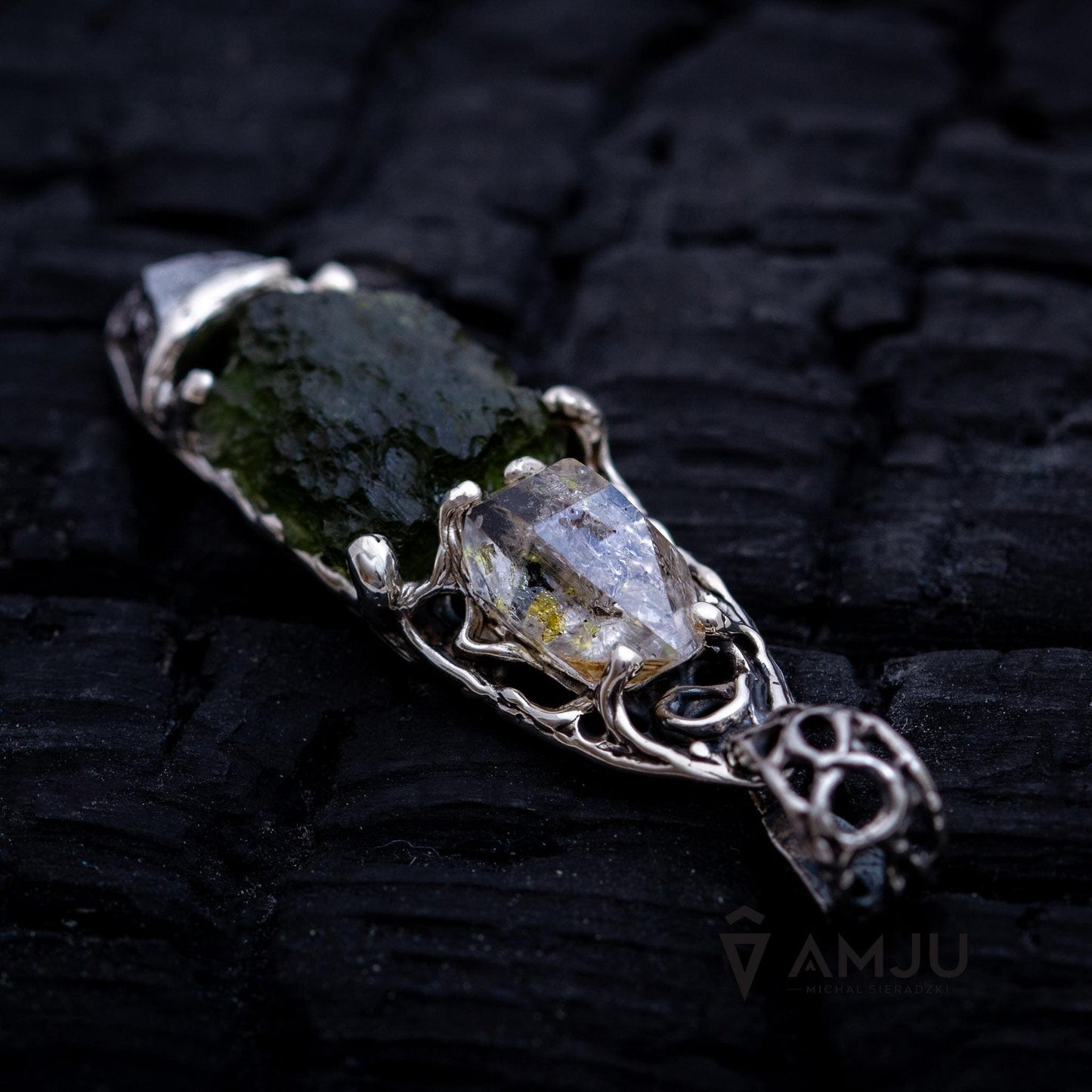 Moldavite, Campo del cielo meteorite with Herkimer Diamond, pendant