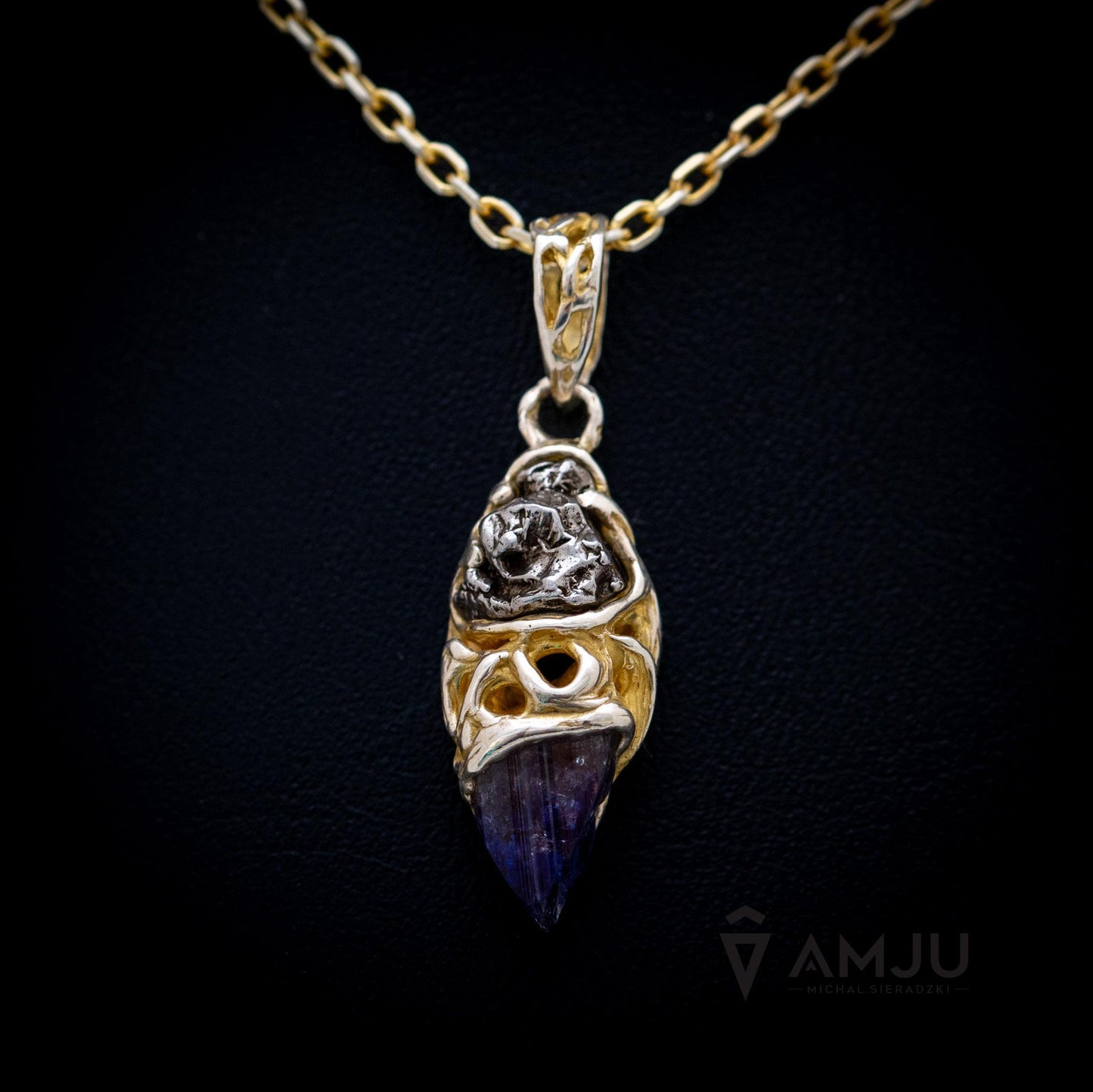 Raw Tanzanite crystal with Campo del Cielo meteorite, pendant