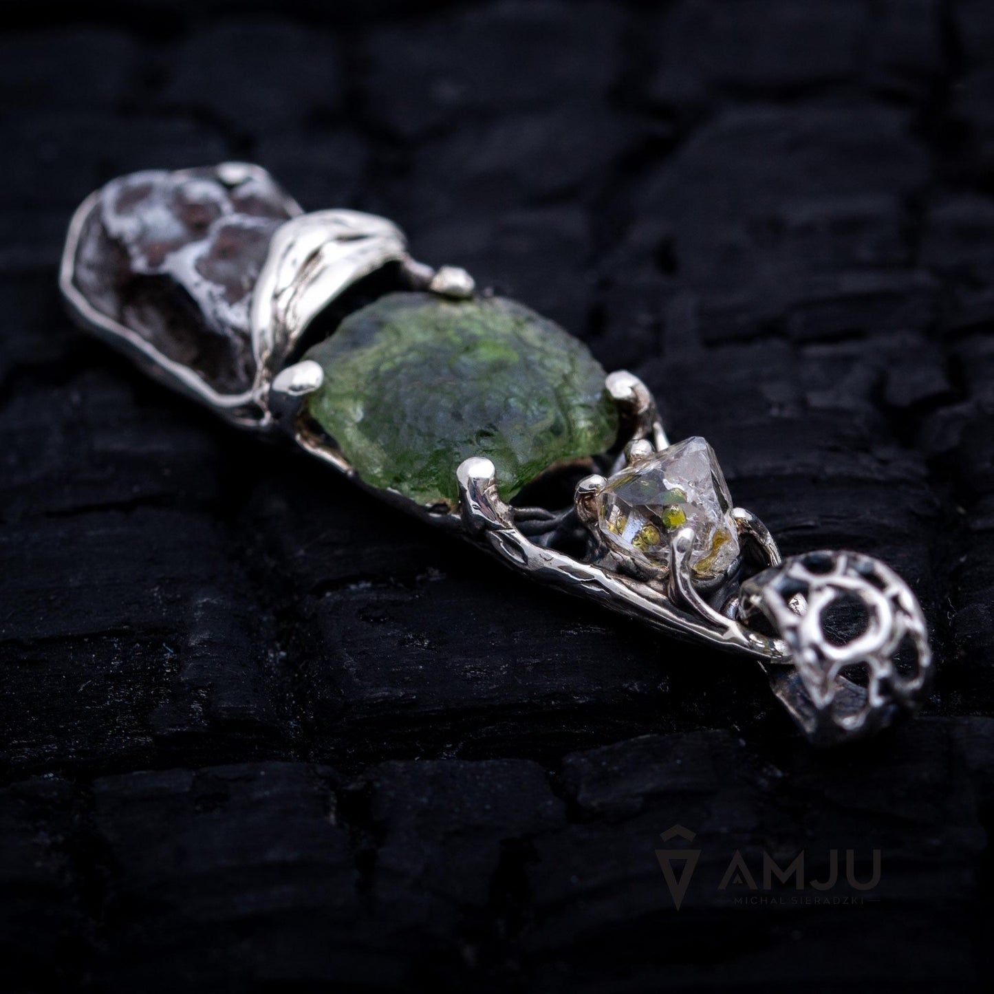 Moldavite, Sikhote Alin meteorite with Herkimer Diamond, pendant
