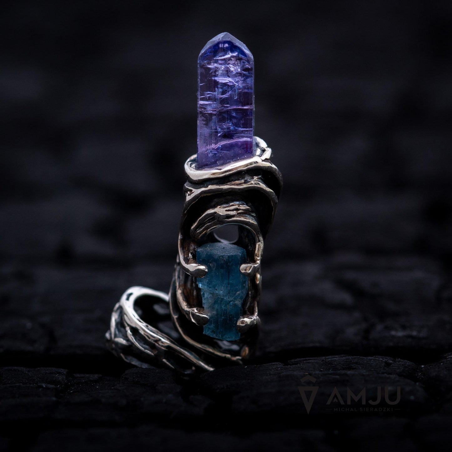 Raw Tanzanite crystal with aquamarine, pendant