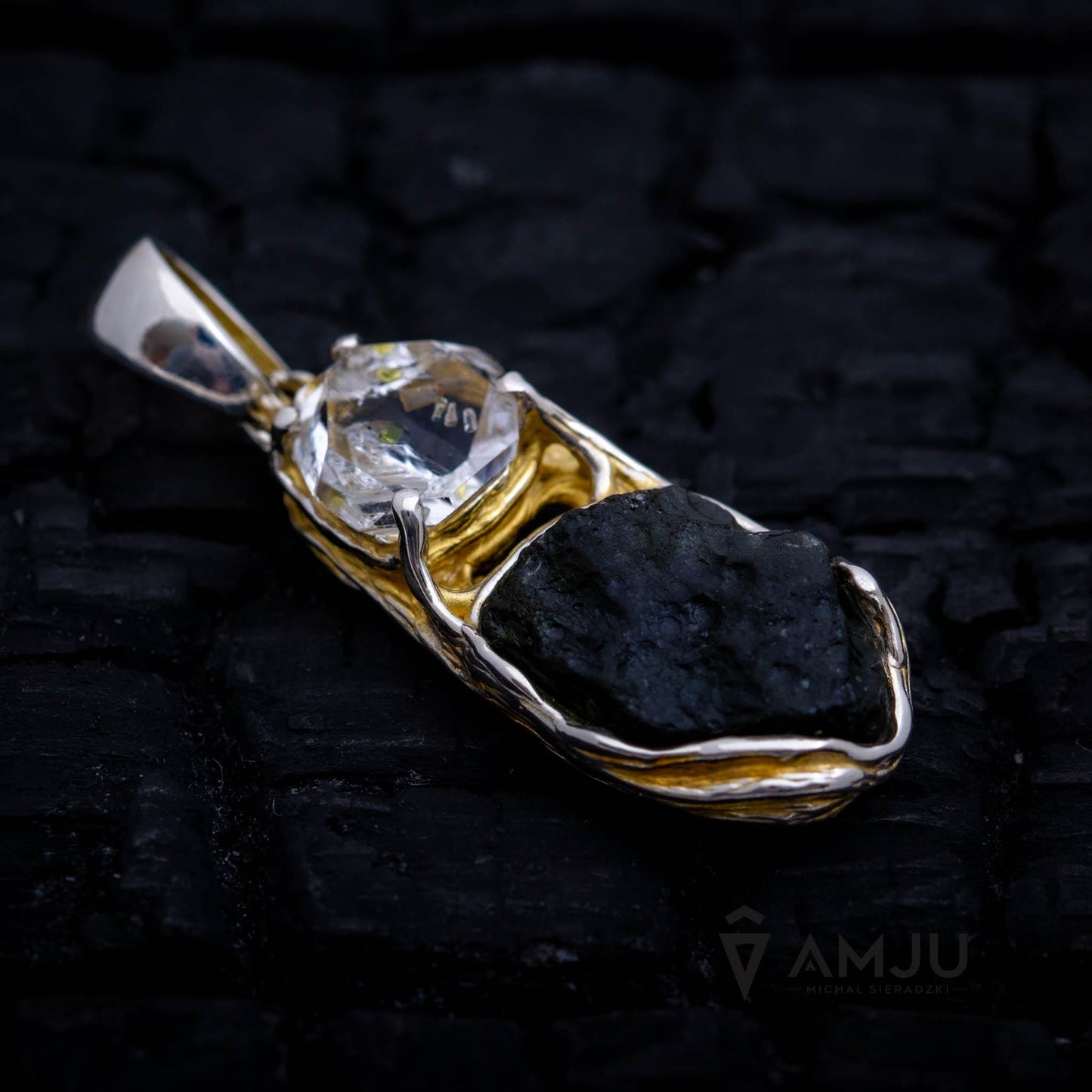 Moldavite with Herkimer Diamond, pendant
