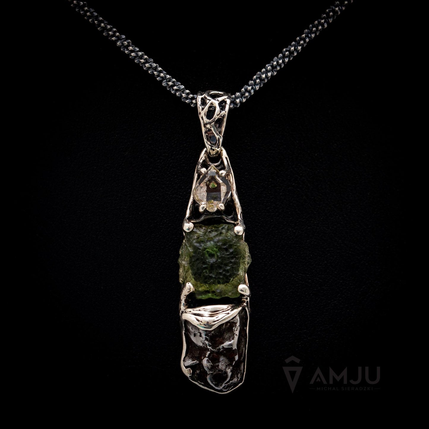 Moldavite, Sikhote Alin meteorite with Herkimer Diamond, pendant