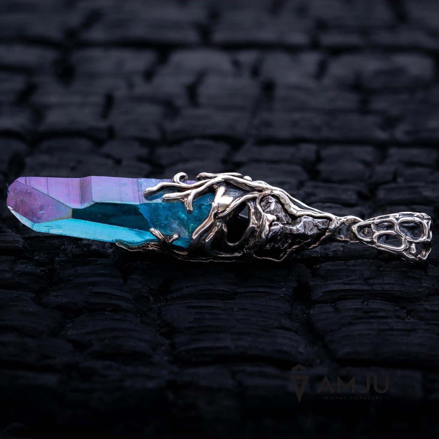 Aqua Aura Quartz Crystal and Campo del Cielo meteorite, pendant