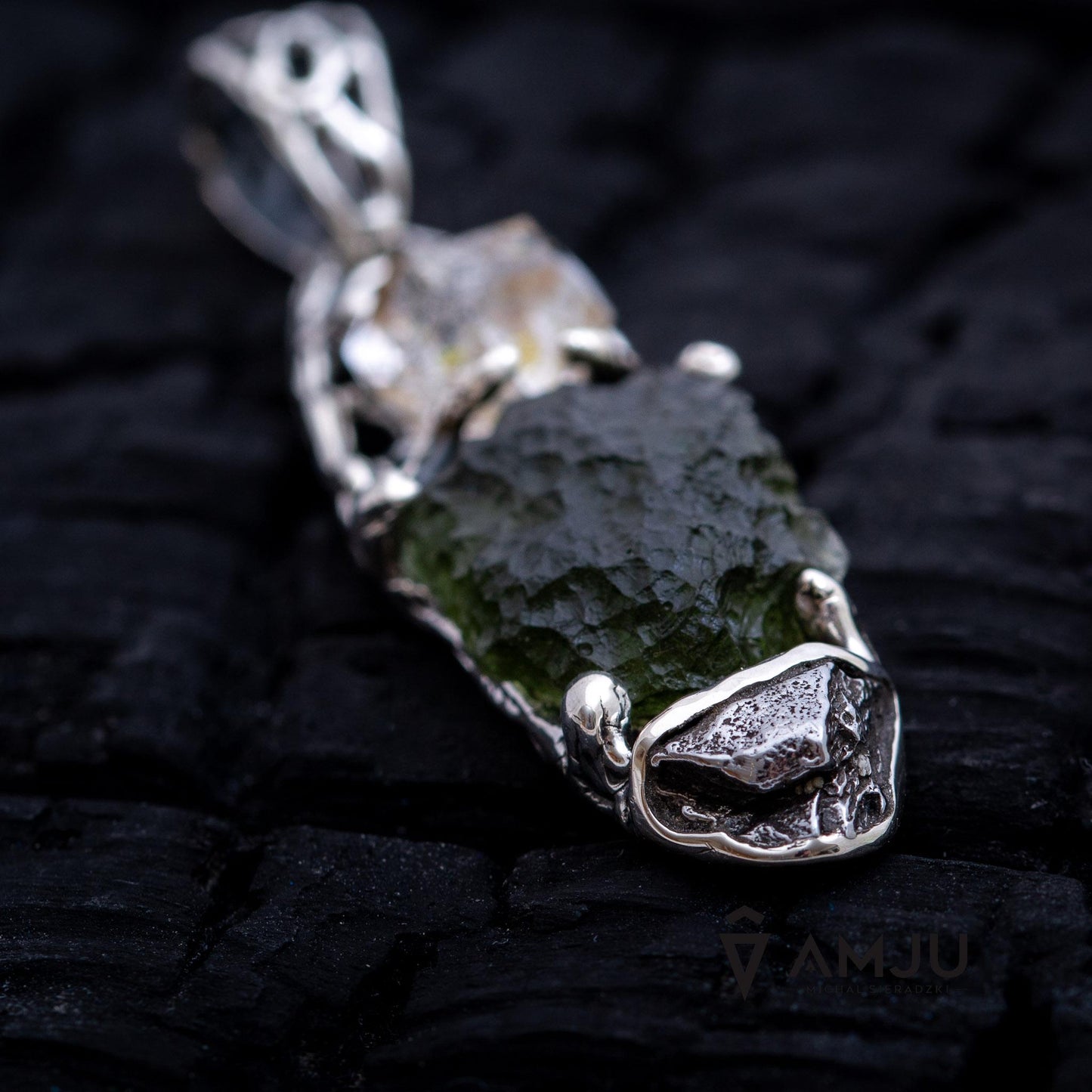 Moldavite, Campo del cielo meteorite with Herkimer Diamond, pendant