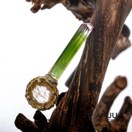 Bicolor watermelon paprok tourmaline with rutilated quartz, Lollipop pendant