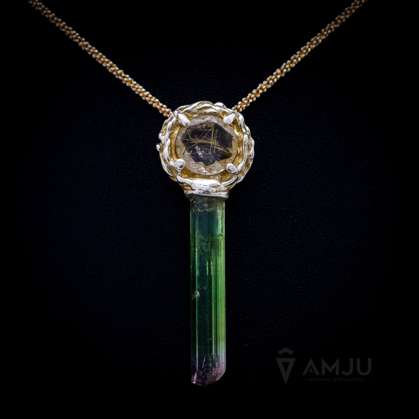 Bicolor watermelon paprok tourmaline with rutilated quartz, Lollipop pendant