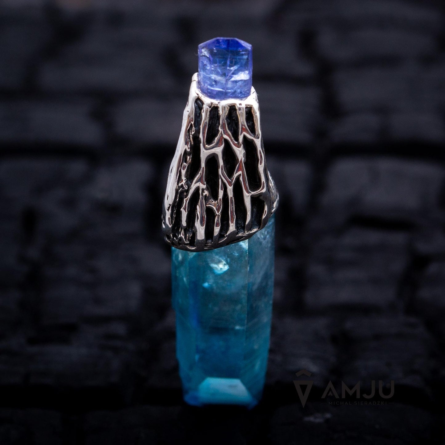 Aqua Aura Quartz Crystal and Tanzanite raw crystal, pendant